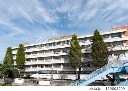 府中運転免許試験場の入口を歩道橋の上から撮影　秋晴れの青空　東京都府中市多磨町 119808999