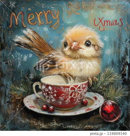 Bird in red cup celebrating Christmas 119809140
