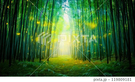 夜の竹林でホタルが飛ぶ自然風景　生成AI画像 119809181