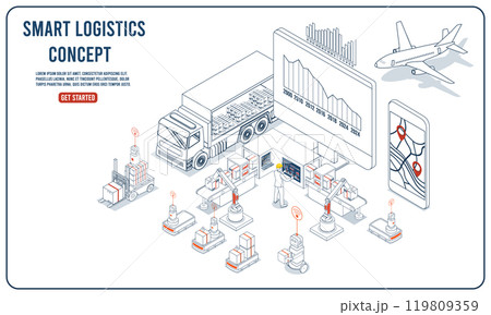 Modern global logistics combines export, import, warehousing, and transportation services. Smart logistics systems enhance flexibility and adaptability while better serving customer need. Vector eps10 119809359