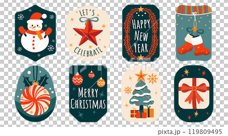 Set of isolated Christmas and New Year label in cute doodle style on transparent background. Volume 9 : Vivid red, green and beige tone colors. Set of isolated Christmas and New Year label in cute doodle style on transparent background. Volume 9 : Vivid red, green and beige tone colors. 119809495