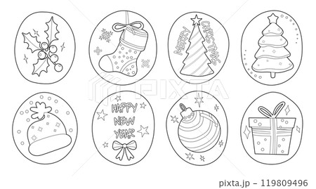 Set of isolated Christmas and New Year label in cute doodle style on transparent background. Volume 10 : Black outline with white plain. 119809496