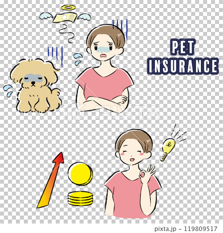 Illustration set of an unwell dog and its female owner struggling with medical expenses Illustration set of an unwell dog and its female owner struggling with medical expenses 119809517