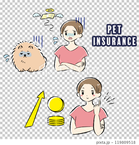 Illustration set of an unwell dog and its female owner struggling with medical expenses Illustration set of an unwell dog and its female owner struggling with medical expenses 119809518