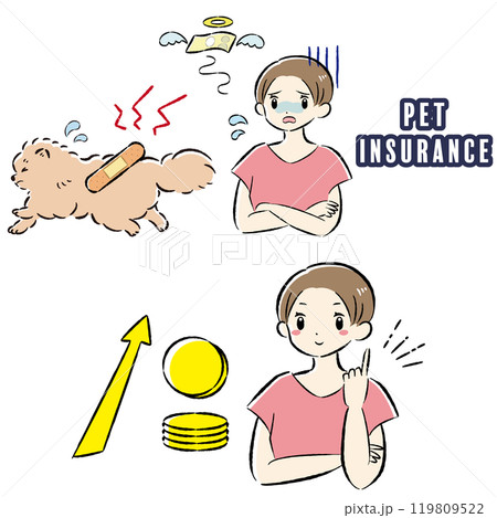 怪我をした犬と治療費に困る飼い主の女性のイラストセット 119809522