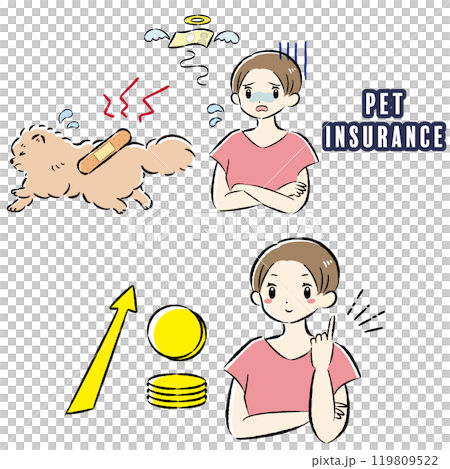 怪我をした犬と治療費に困る飼い主の女性のイラストセット 119809522