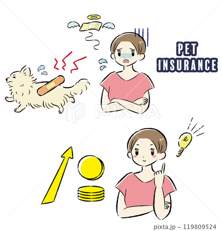 怪我をした犬と治療費に困る飼い主の女性のイラストセット 119809524