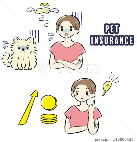 体調不良の犬と治療費に困る飼い主の女性のイラストセット 119809529