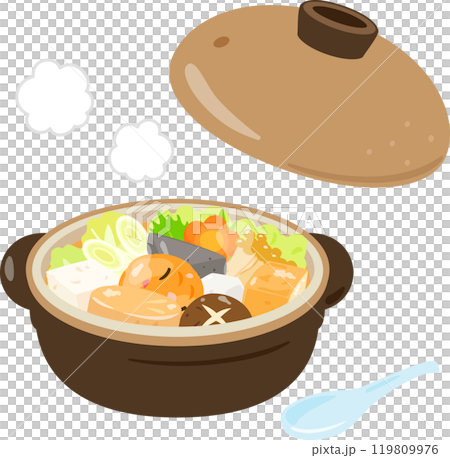 小さめの土鍋で煮た鍋料理、一人用鍋 119809976