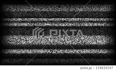TV static noise background. Glitch pixelated television screen. Black and white TV signal VHS video with black stripes wallpaper. White noise grain. CRT screen with interferences or glitches. Vector 119810147