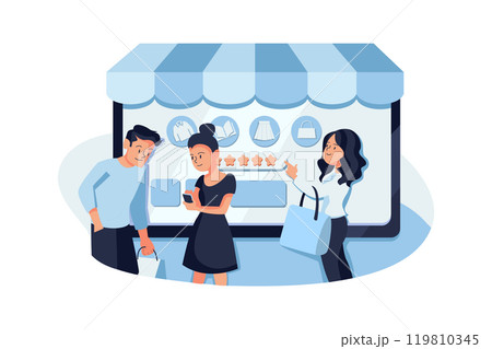 Online Shopping Review. Huge Monitor with People Make Online Shopping. Characters Buying in Store, Woman Put 5 Stars Rating 119810345