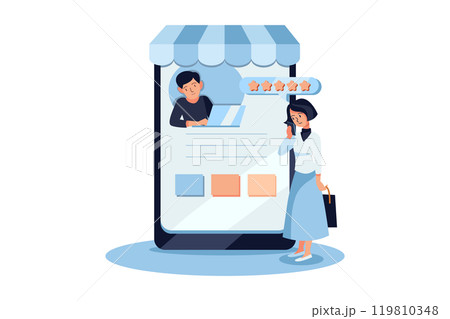 People Giving 5 Stars Rating For Online Review. People character with giving 5 stars rating for customer feedback concept 119810348