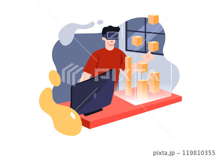 Computer science engineer wearing Virtual Reality headset works with 3D model hologram visualization 119810355