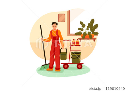 The cleaning workers are on duty ironing and cleaning floor 119810440