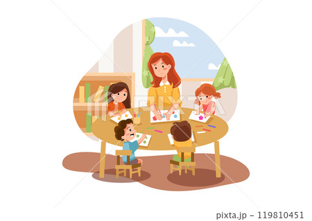 Playschool Teacher Teaching Painting To Kids 119810451