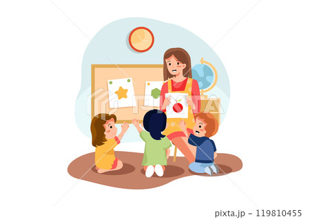 Playschool Teacher Teaching To Kids 119810455