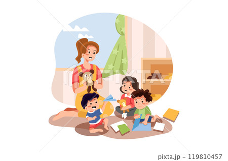 Teacher And Kids Playing In Nursery 119810457