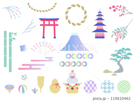 シンプルな縁起物のイラストセット　年賀状イラスト素材	 119810462