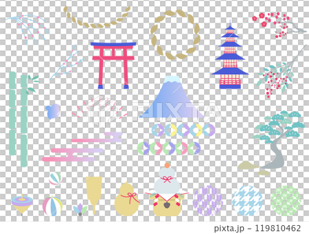 シンプルな縁起物のイラストセット　年賀状イラスト素材	 119810462