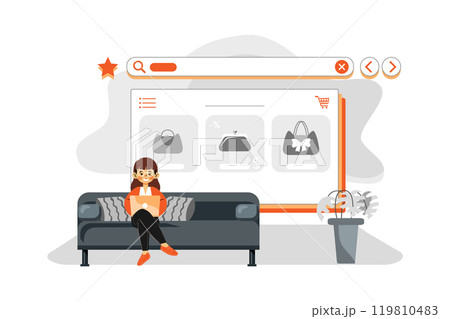 Online Shopping. Lady seating on the couch and ordering ladies purse from online Online Shopping. Lady seating on the couch and ordering ladies purse from online 119810483