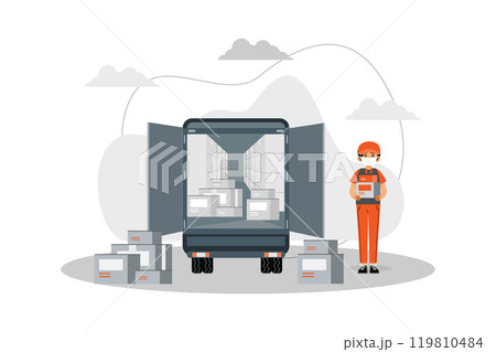 Medical Equipment Delivery. Delivery courier man with medical protective mask on his face holding package with delivery truck Medical Equipment Delivery. Delivery courier man with medical protective mask on his face holding package with delivery truck 119810484
