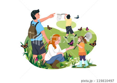 Family Catching Butterflies. A composition with young parents, children, son and daughter having fun together. Family catching butterflies with nets Family Catching Butterflies. A composition with young parents, children, son and daughter having fun together. Family catching butterflies with nets 119810497