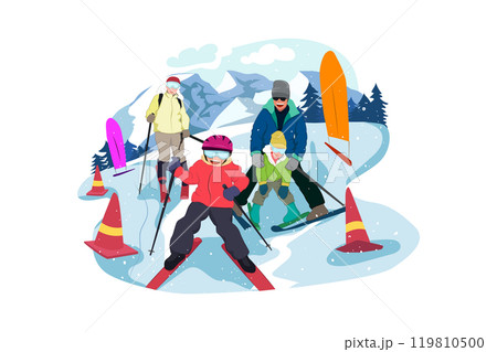 Family Enjoying Ice Sliding. Family sculpting snowman, parents and child set vector. People going downhill on rubber material, tubing of father, mother and children wintertime 119810500