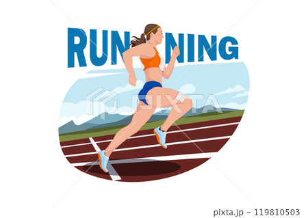 Girl Jogging. Girl athlete in tracking clothes running with typography running words in the background 119810503