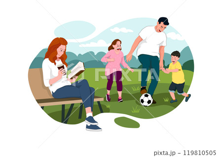 Family Outdoors Activities. Mother Reading Book, Father Playing with Children. Kids Spending Time Along in Park. 119810505
