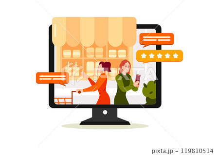 Online Shopping Review. Huge Monitor with People Make Online Shopping. Characters Buying in Store, Woman Put 5 Stars Rating 119810514