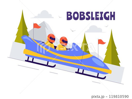 Vector Illustration of an Athlete Riding a Bobsleigh on a Snow Covered, Icy Track for a Competitive Winter Sport Activity in a Flat Style Background 119810590