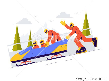 Vector Illustration of an Athlete Riding a Bobsleigh on a Snow Covered, Icy Track for a Competitive Winter Sport Activity in a Flat Style Background Vector Illustration of an Athlete Riding a Bobsleigh on a Snow Covered, Icy Track for a Competitive Winter Sport Activity in a Flat Style Background 119810596