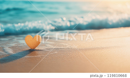 heart shaped object on sandy beach with gentle...の写真素材 [119810668] - PIXTA