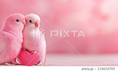 Two pink birds cuddling with heart, symbolizing love and affection. soft pink background enhances warm and tender atmosphere Two pink birds cuddling with heart, symbolizing love and affection. soft pink background enhances warm and tender atmosphere 119810705