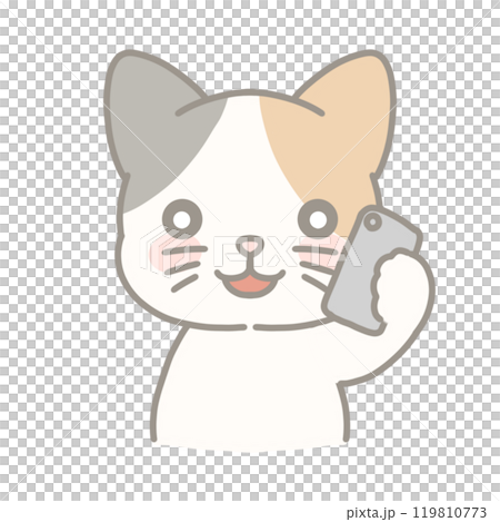 スマホで電話する三毛猫のイラスト スマホで電話する三毛猫のイラスト 119810773