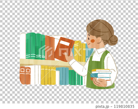 一位穿著圍裙的女士將書放入書架,再從書架上取出——Gash 一位穿著圍裙的女士將書放入書架,再從書架上取出——Gash 119810835