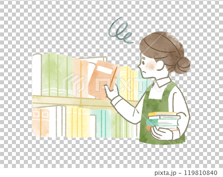 一個穿著圍裙的女人帶著困惑的表情將書放入書架放入書架中 — 水彩 一個穿著圍裙的女人帶著困惑的表情將書放入書架放入書架中 — 水彩 119810840