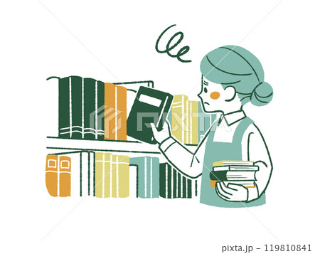 困った表情で本棚に本を出し入れしているエプロンを着用した女性-4色 119810841