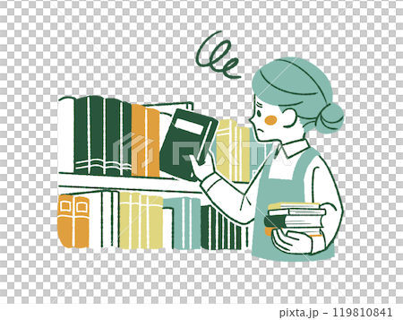 困った表情で本棚に本を出し入れしているエプロンを着用した女性-4色 119810841
