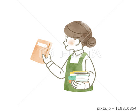 笑顔で本を持っているエプロンを着用した女性-水彩 笑顔で本を持っているエプロンを着用した女性-水彩 119810854