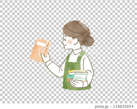 笑顔で本を持っているエプロンを着用した女性-水彩 笑顔で本を持っているエプロンを着用した女性-水彩 119810854