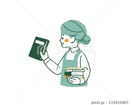 笑顔で本を持っているエプロンを着用した女性-4色 119810865