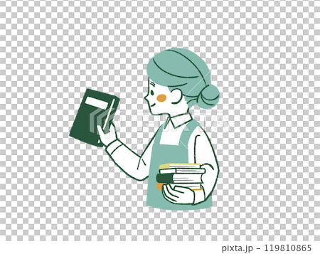 笑顔で本を持っているエプロンを着用した女性-4色 119810865