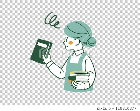 A woman wearing an apron holding a book with a troubled expression - 4 colors 119810877