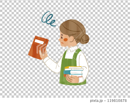 A woman wearing an apron holding a book with a troubled expression - Gouache 119810878