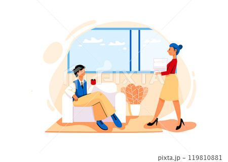 Director Room illustration concept. The secretary took lots of documents and walked into the director's room while he was drinking coffee Director Room illustration concept. The secretary took lots of documents and walked into the director's room while he was drinking coffee 119810881
