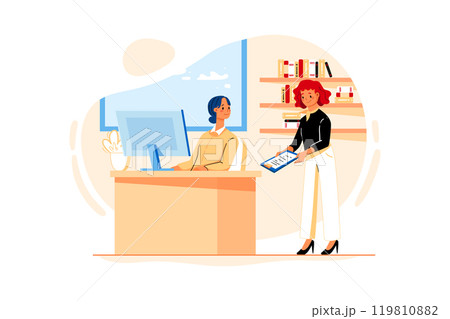 Employee enters the room and gives the contract. An employee enters the room and gives the contract paper or document to the manager Employee enters the room and gives the contract. An employee enters the room and gives the contract paper or document to the manager 119810882