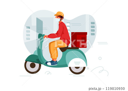 Delivery man delivers order package on a scooter 119810930