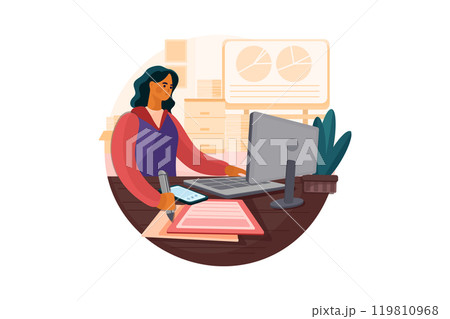 Female employee working on a project Female employee working on a project 119810968