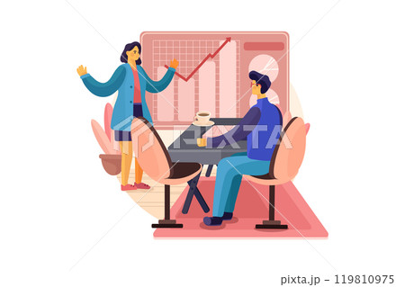 Startup team discussing growth report 119810975